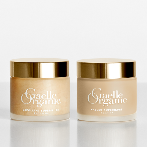 The Gaelle Organic Signature Treatment to reduce fine lines and create glowing skin, consisting of Exfoliant Superieure and Masque Superieure, on a plain background