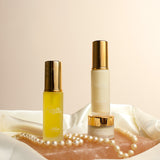 Luxury organic skincare in an affordable travel size format, on pink stones with pearls