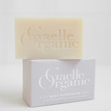 Gaelle Organic Soap Superieure, the best cleanser for mature skin, atop its outer box, on a white background
