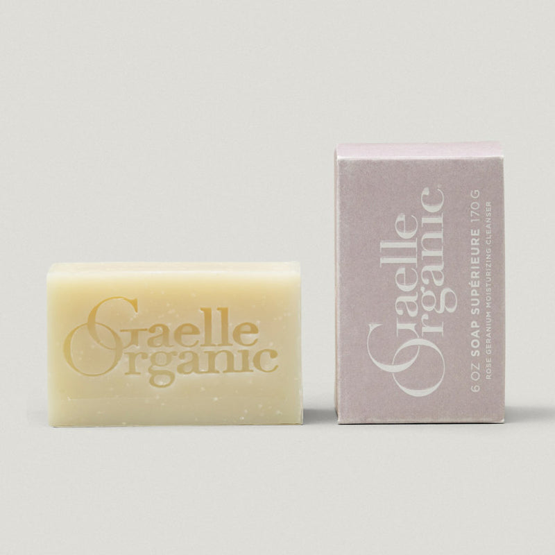 Soap Superieure Rose Geranium, the best cleanser for dry sensitive skin, on a white background