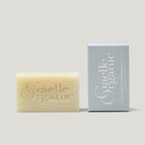 A bar of Soap Superieure moisturizing cleanser with Gaelle Organic logo, next to its outer box on a white background